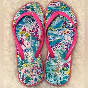 LILLY PULITZER Colorful Printed Flip Flop Sandals with Hot Pink Straps
